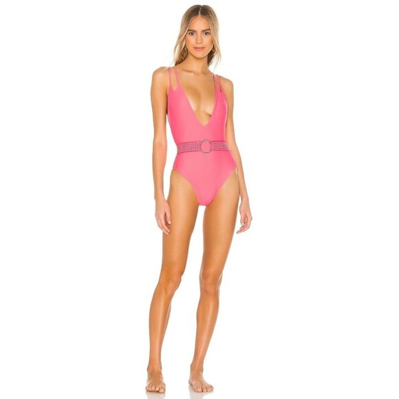 NWT ELLEJAY Coco One Piece Swimsuit Deep V-Neck with Metallic Ring‎ Belt Pink M - Picture 3 of 6